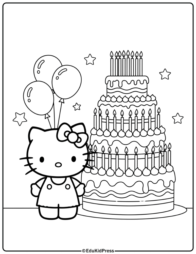 Hello Kitty Birthday Cake Coloring Page