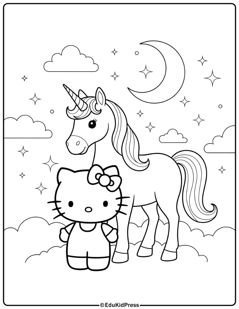 Hello Kitty Magical Unicorn Coloring Page