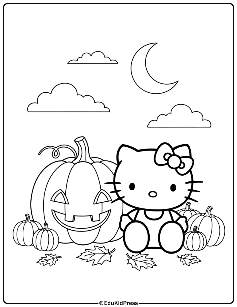 Hello Kitty Pumpkin Theme Coloring Page