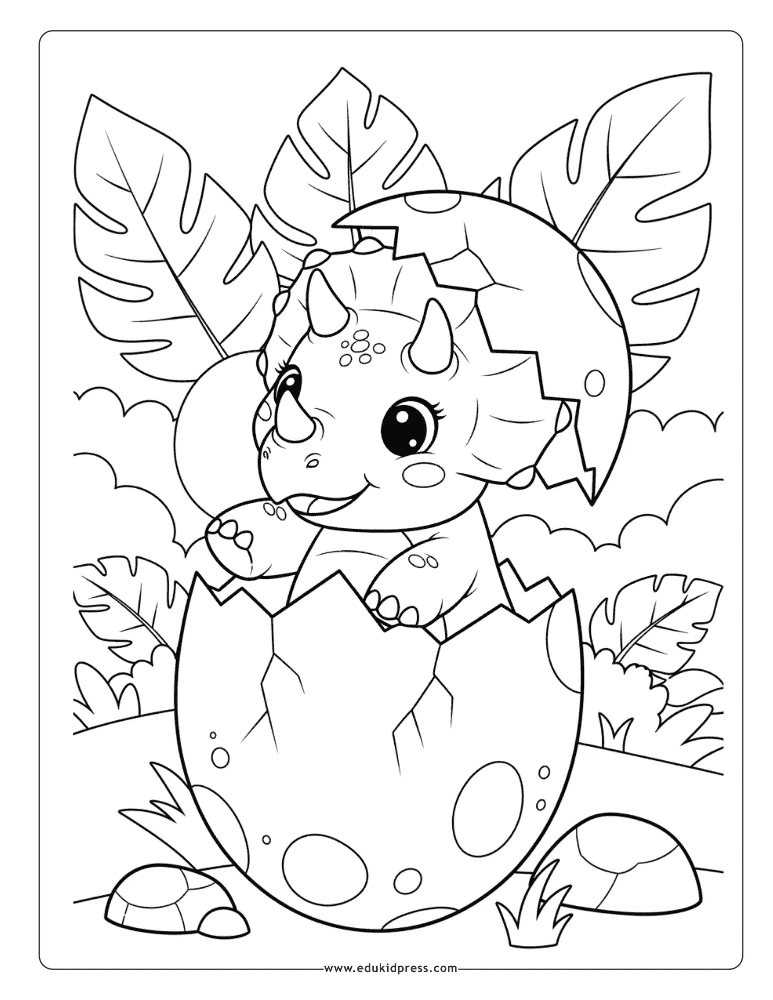 Baby Triceratops hatching from egg coloring page free printable