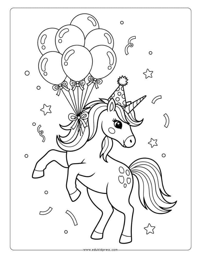 Birthday Unicorn with Balloons Coloring Page – free printable