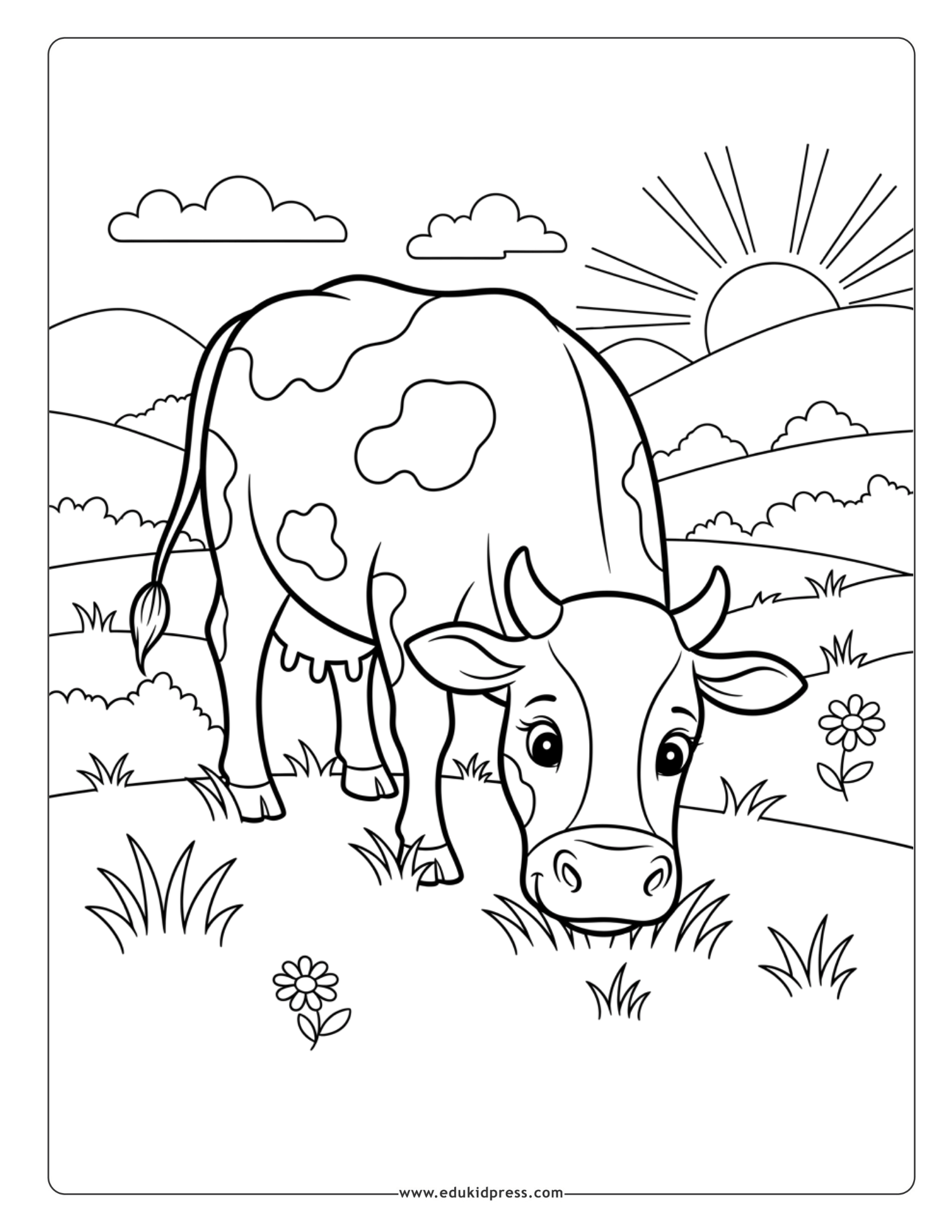 Cheerful cow coloring page free printable for kids