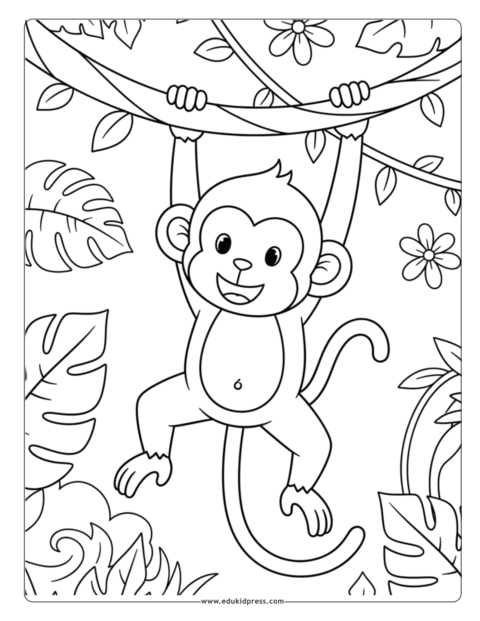 Cute jungle monkey coloring page printable free for kids