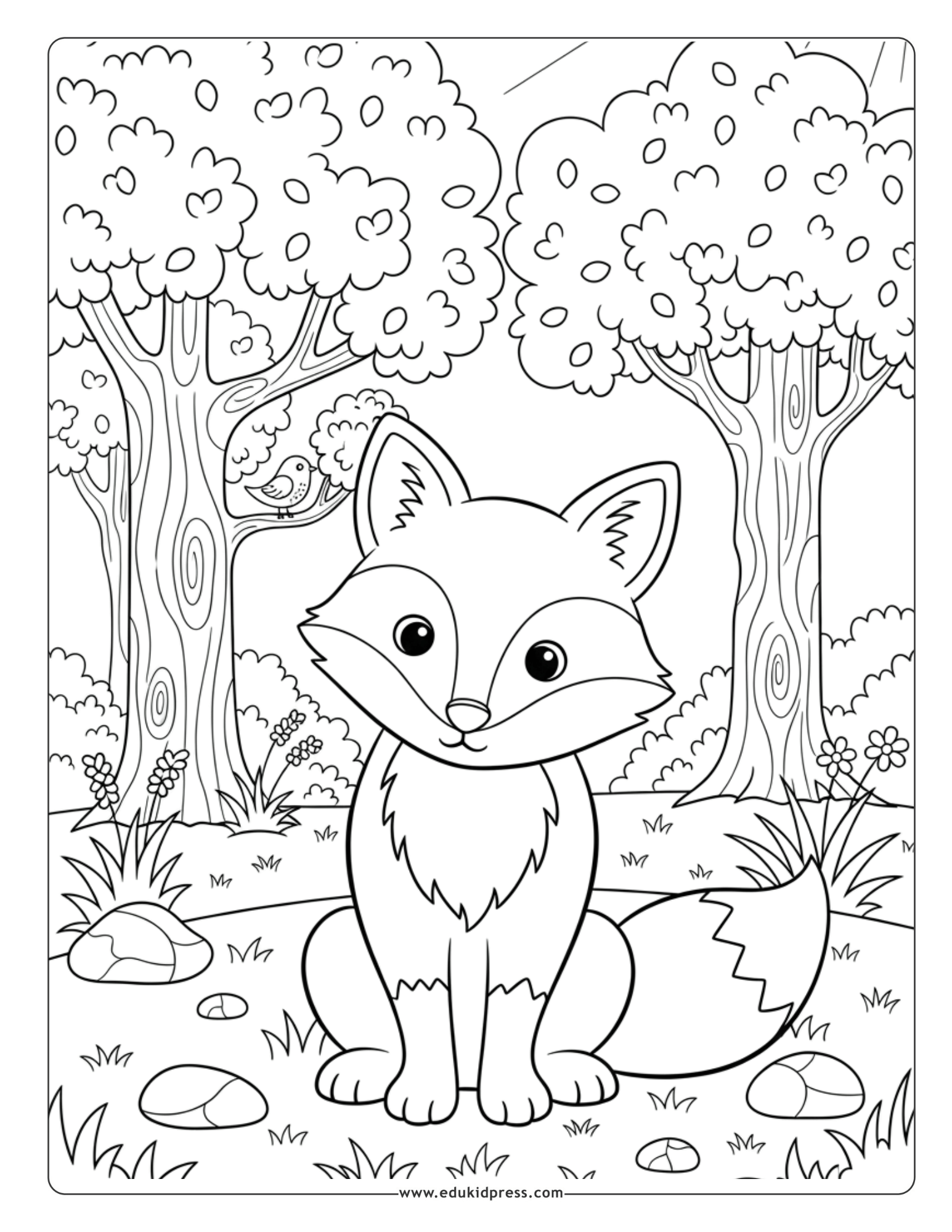 Cute woodland fox coloring page for kids free printable