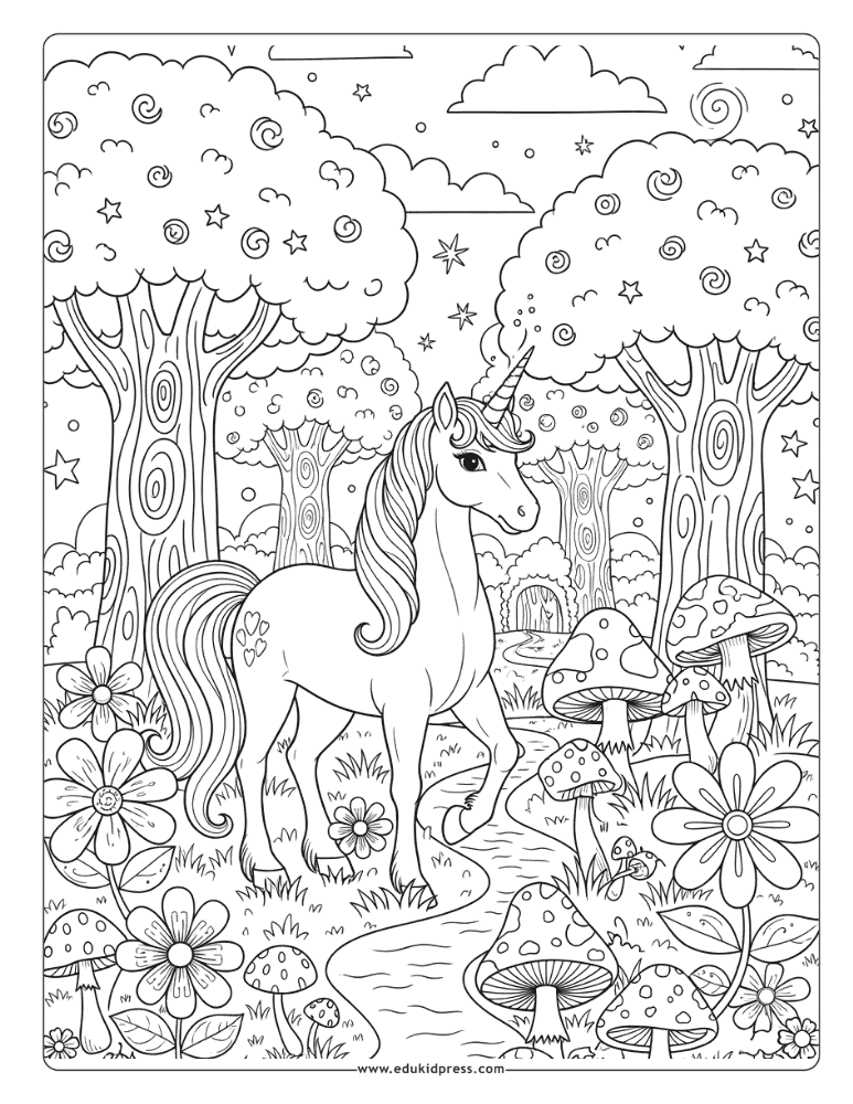 Enchanted Unicorn in Forest Coloring Page – free printable PDF