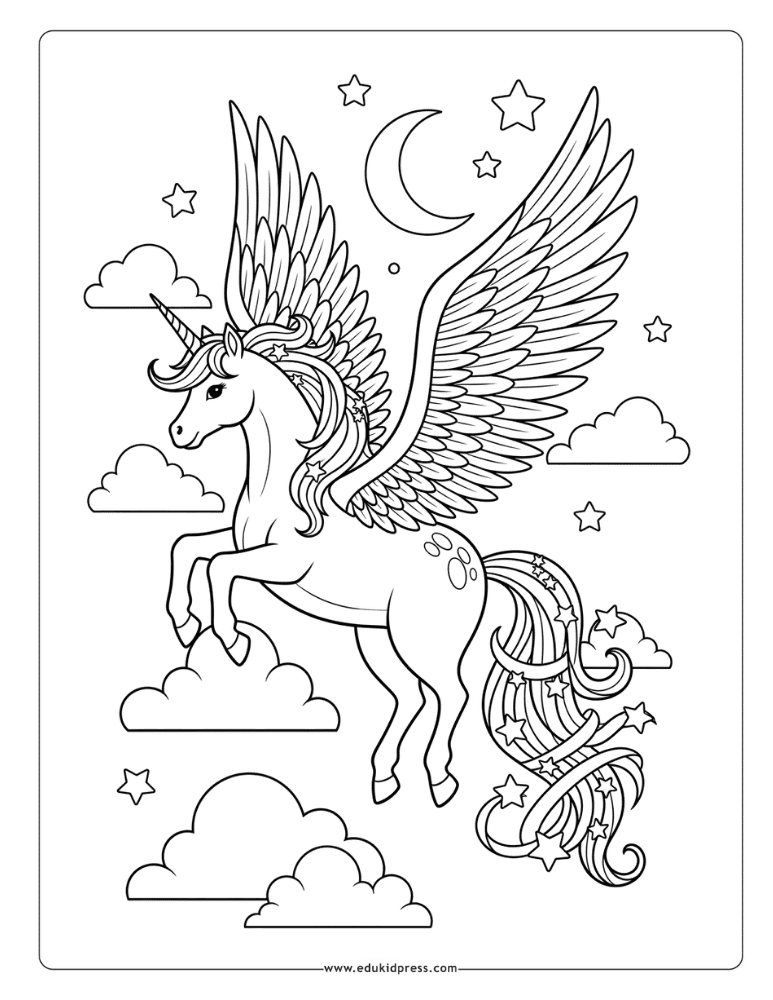Flying Unicorn with Wings Coloring Page – free printable PDF