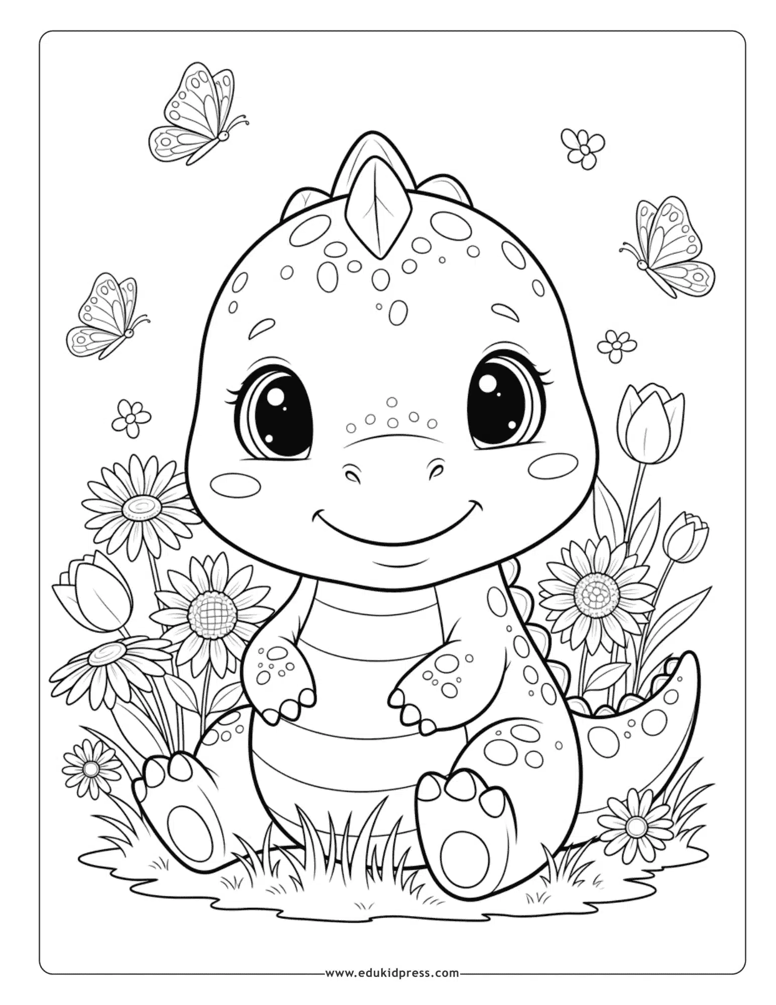 Kawaii baby dinosaur with flowers coloring page free printable