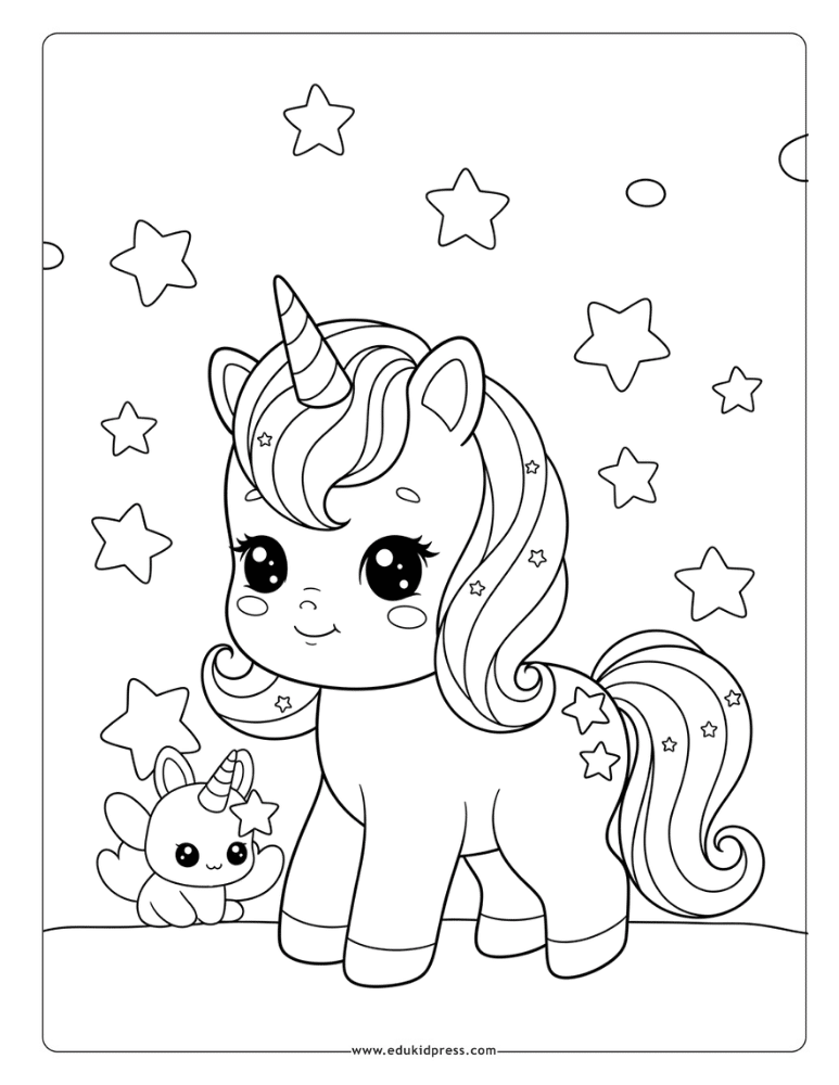 Kawaii Baby Unicorn with Stars Coloring Page – free printable PDF