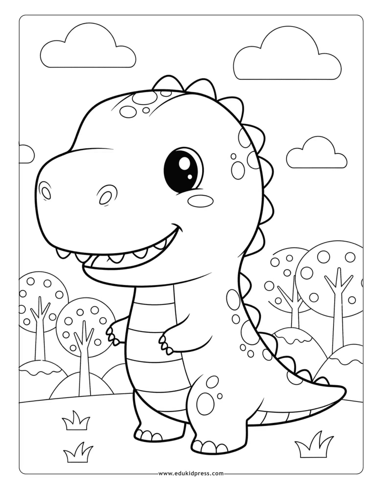 Kawaii cute T-Rex coloring page free printable for kids