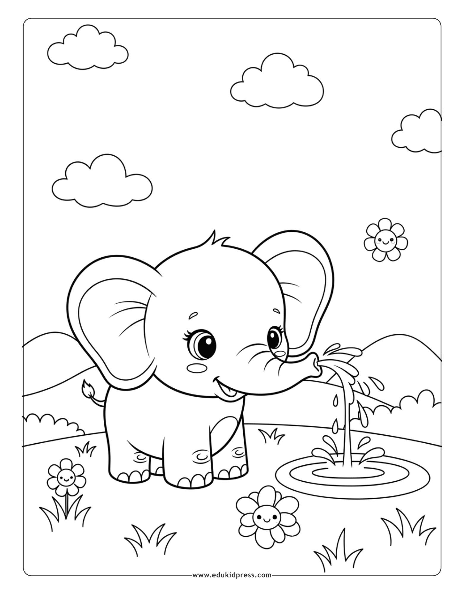 Kawaii baby elephant coloring page free PDF printable for kids