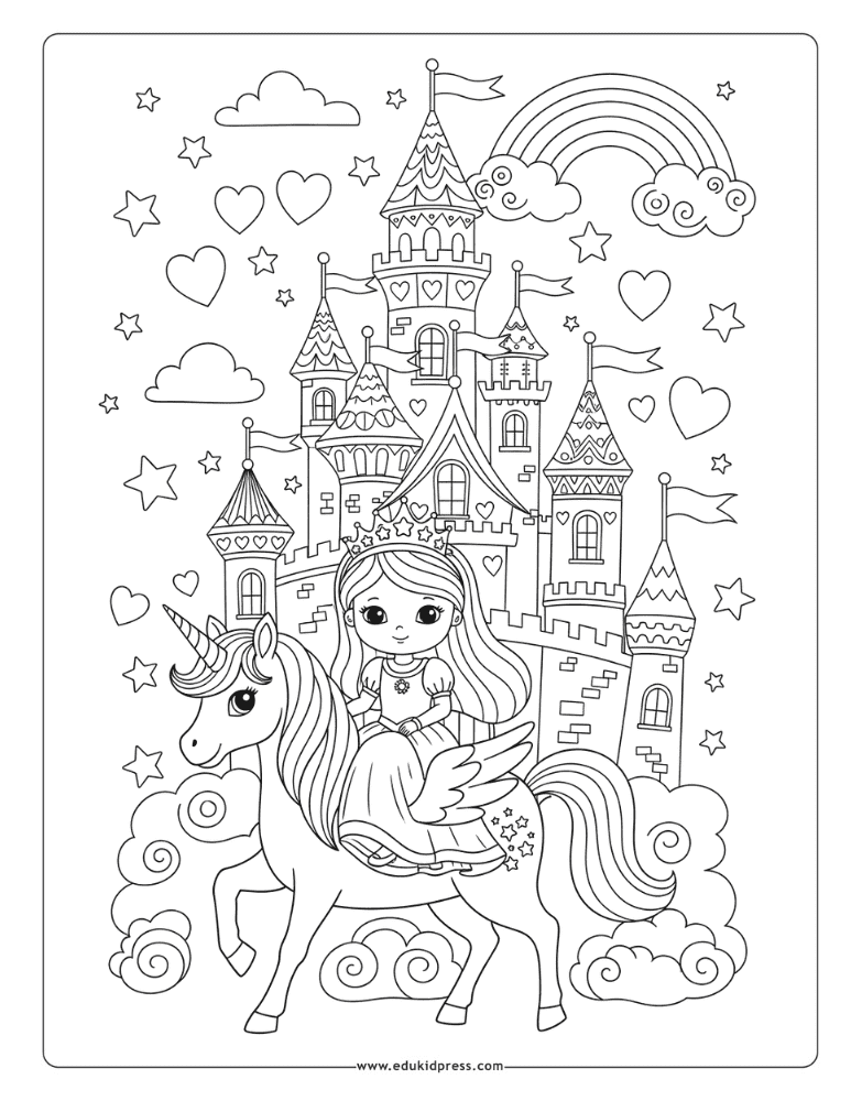 Magical Unicorn Princess and Castle Coloring Page – free printable