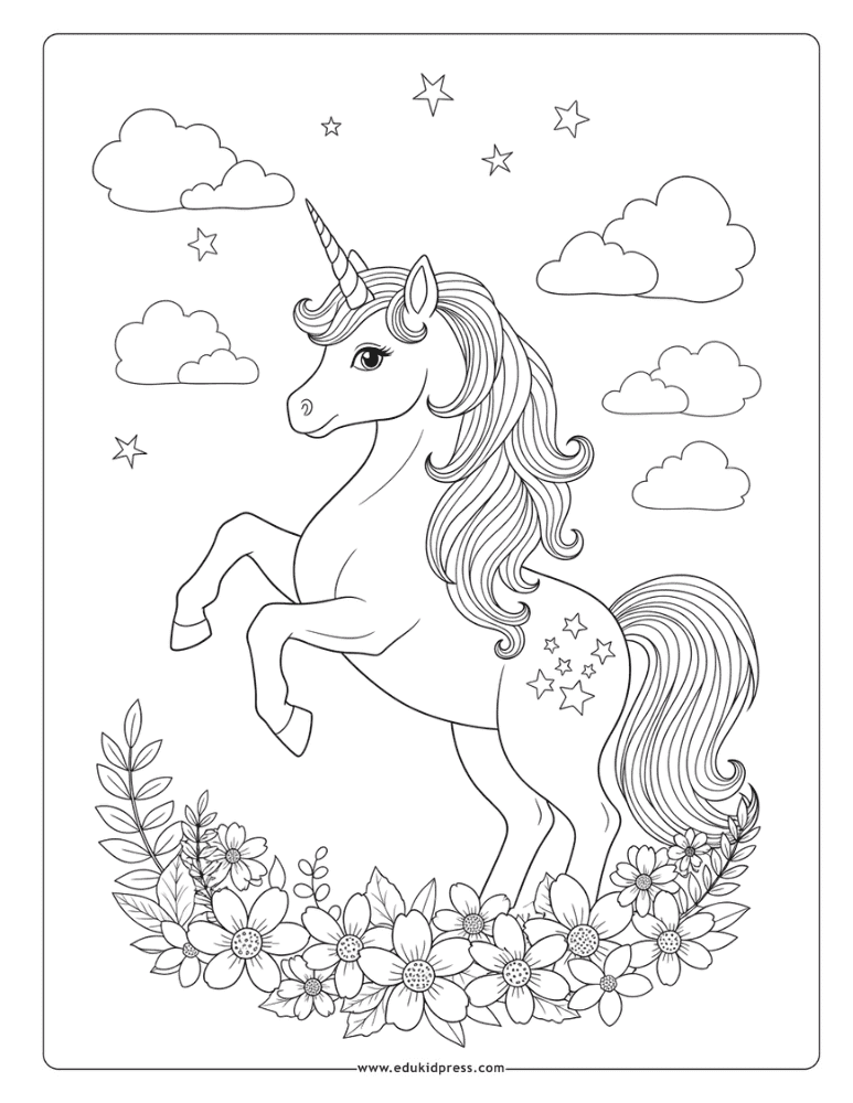 Magical Unicorn with Flowers Coloring Page – free printable for kids
