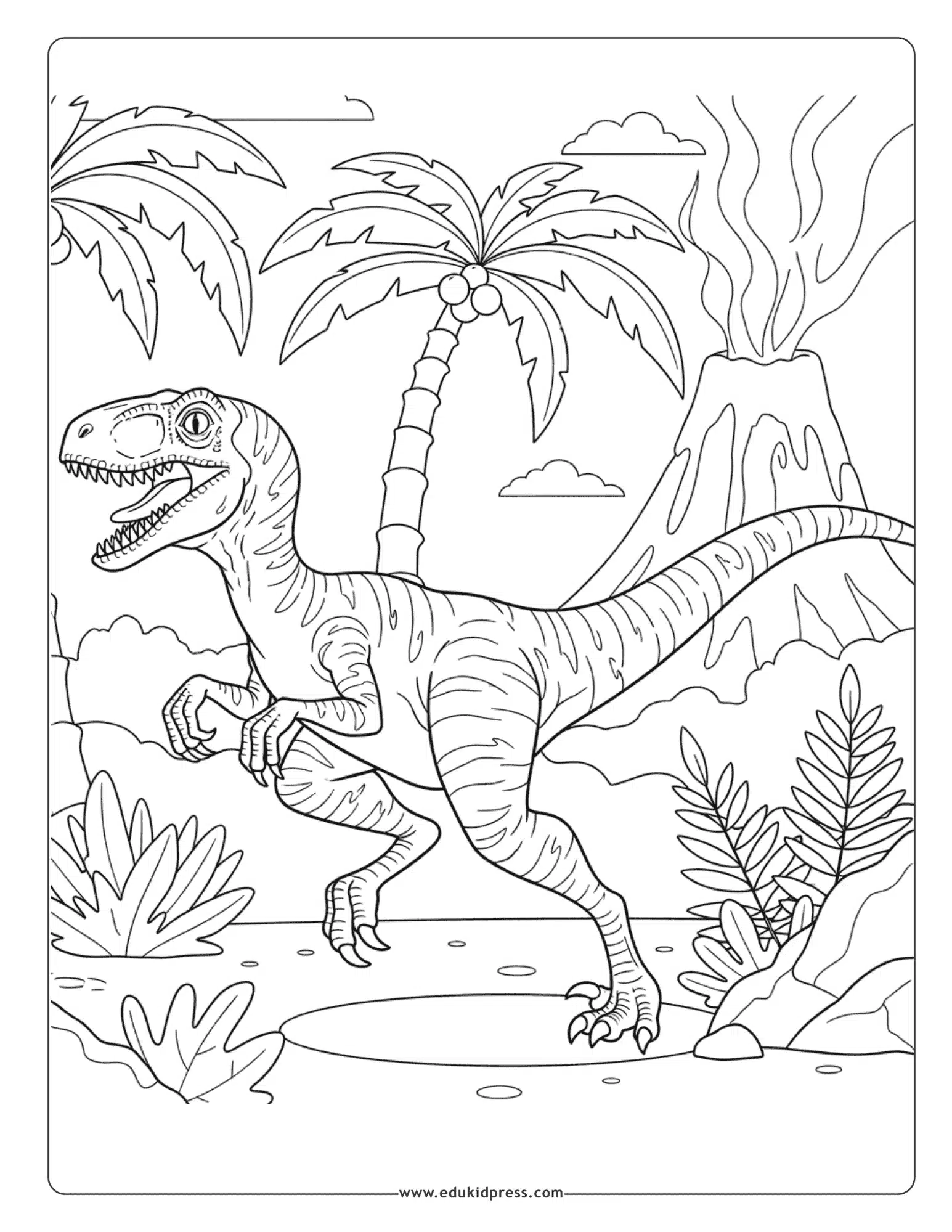 Running Velociraptor coloring page free printable for kids