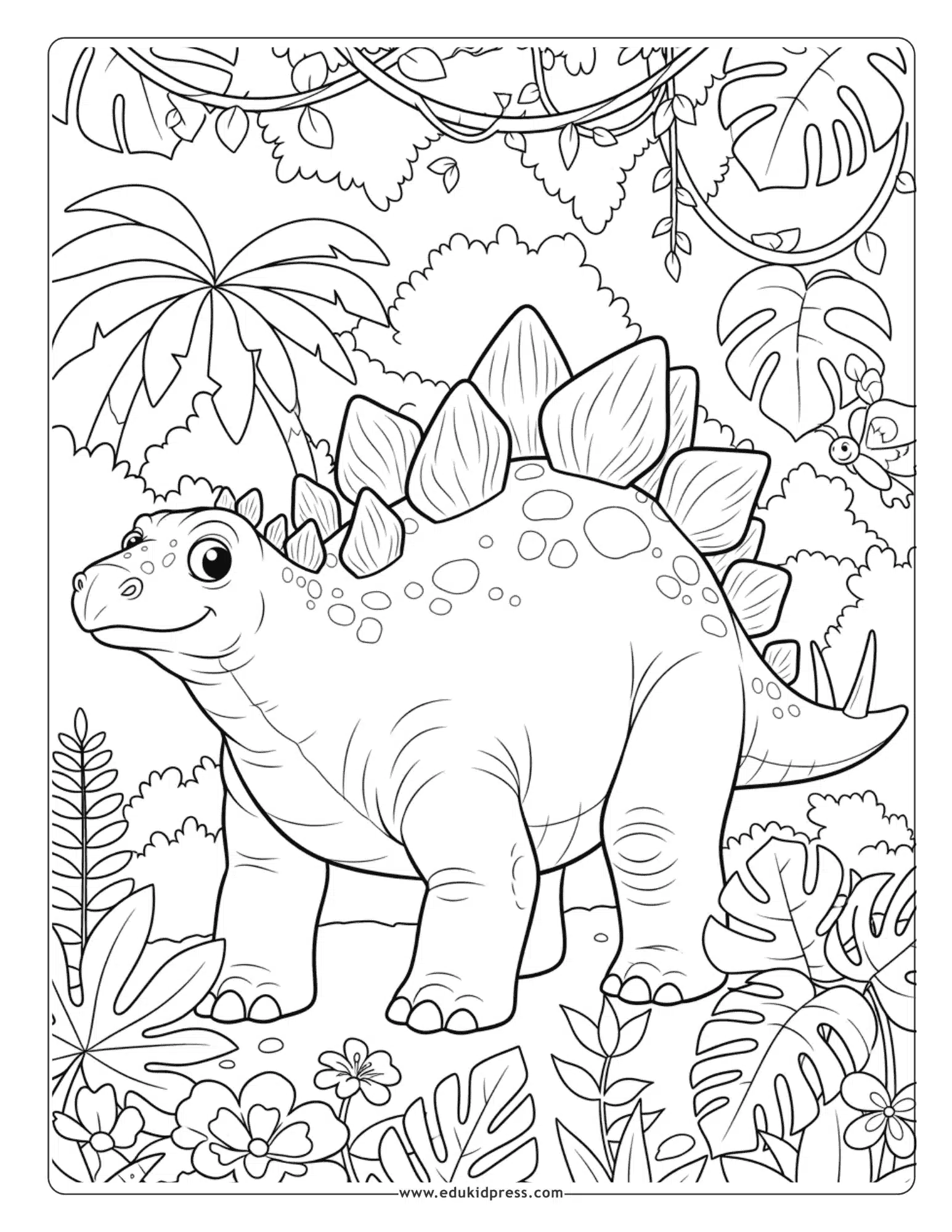 Stegosaurus in jungle coloring page free printable for kids