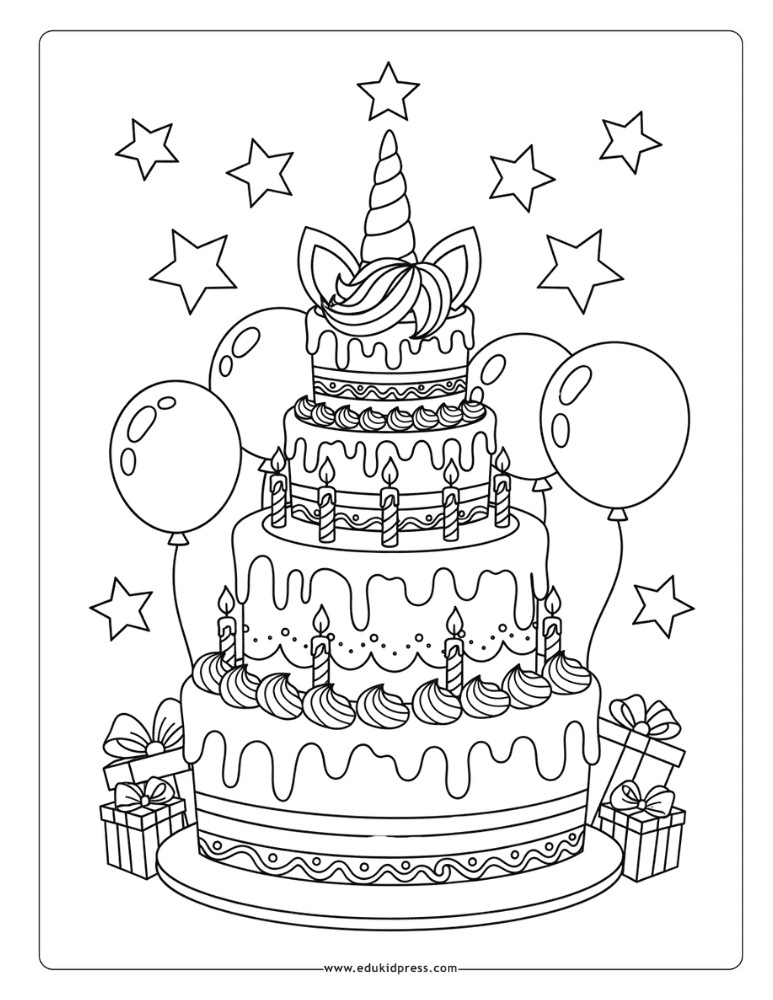 Unicorn Birthday Cake Coloring Page – free printable for kids