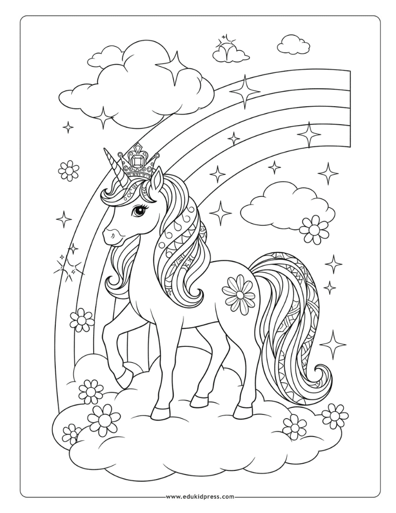 Unicorn Princess with Crown Coloring Page – free printable for girls