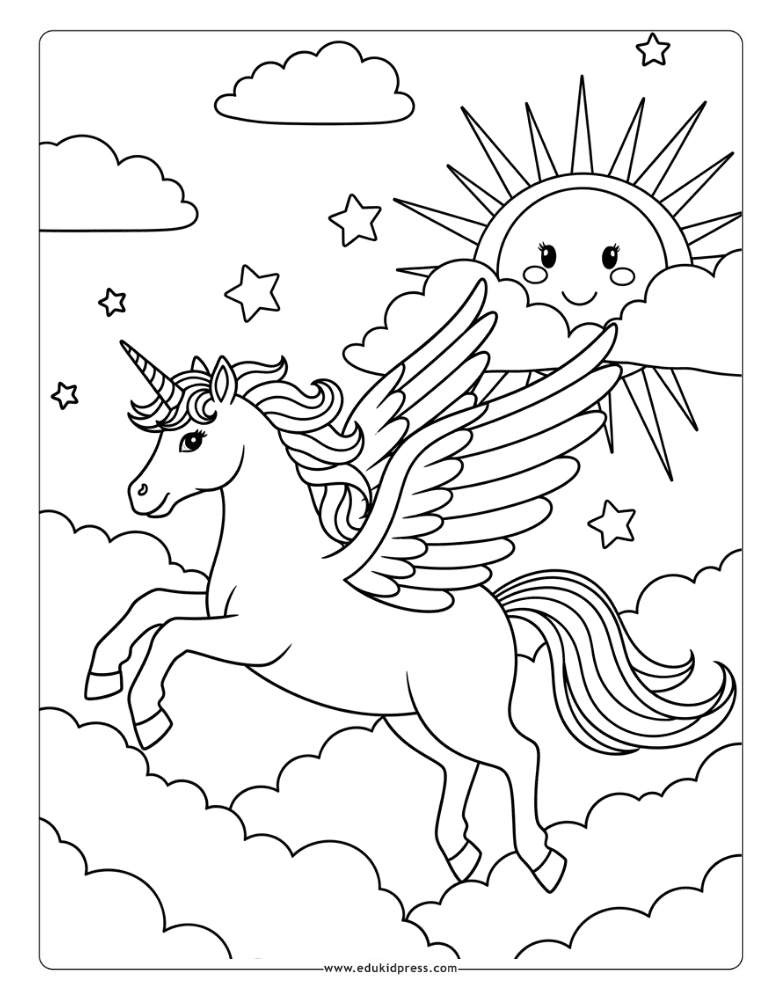 Unicorn Soaring Over Clouds Coloring Page – free printable